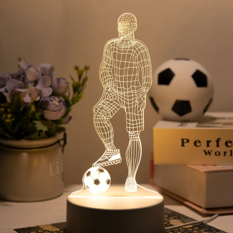 Luminária de mesa em formato de jogador de futebol com placa acrílica 3D