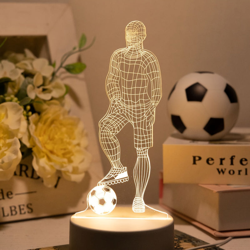 Luminária de mesa em formato de jogador de futebol com placa acrílica 3D