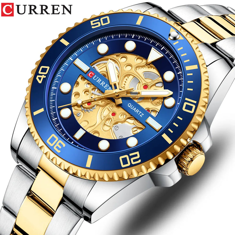 CURREN Watches Imitated Mechanical Design Quartz Clock Men Stainless Steel Band Luminous Wristwatches for Male