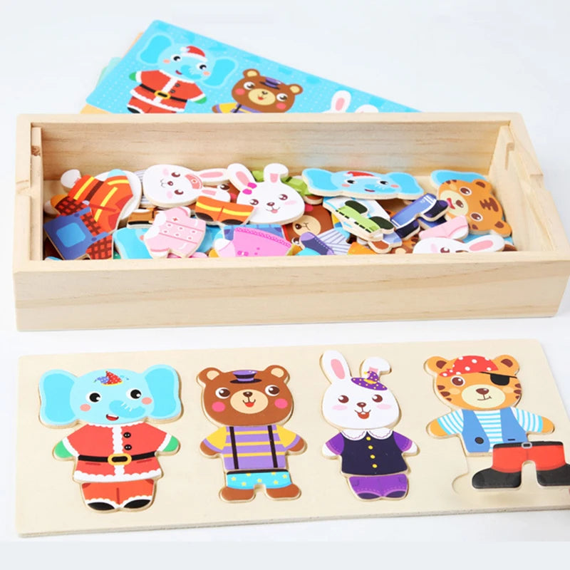 Elephant Bear Change Clothes Children's Early Education Wooden Jigsaw Puzzle Dressing Game Baby Puzzle Toys For Children Gift