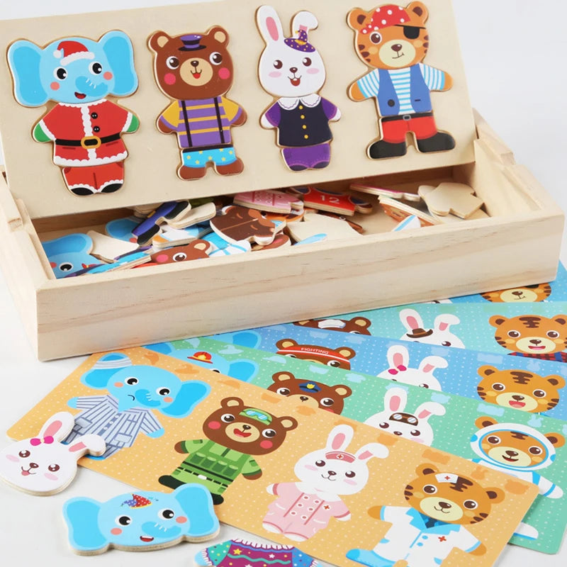 Elephant Bear Change Clothes Children's Early Education Wooden Jigsaw Puzzle Dressing Game Baby Puzzle Toys For Children Gift